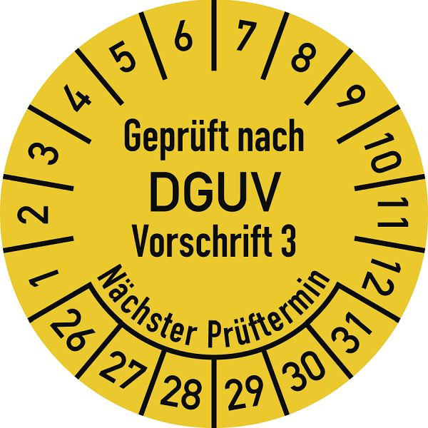 Moedel Prüfplakette Geprüft nach DGUV V3..., 2026-2031, Folie, Ø 20 mm, VE: 500 Stück/Rolle, 107147