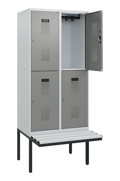 C+P Doppelstock-Spind Evolo PLUS, Bank, 4 Fächer, 1950x800x815mm, 7035/0004, Zylinderschloss, Sitzfläche Kunststoff, 0493405-22 S10149