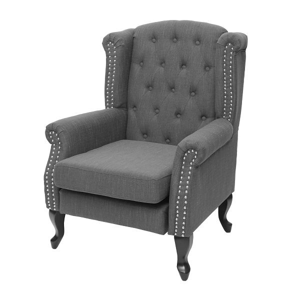 Mendler Sessel Chesterfield, Relaxsessel Clubsessel Ohrensessel, wasserabweisend Stoff/Textil, dunkelgrau ohne Ottomane, 75300+75301