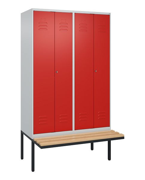 C+P Umkleidespind Classic PLUS SW, 4 Abteile, 2120x1200x815mm, 7035/3020, Zylinderschlösser, Buche-Sitzleisten, 0800427-40 S10059