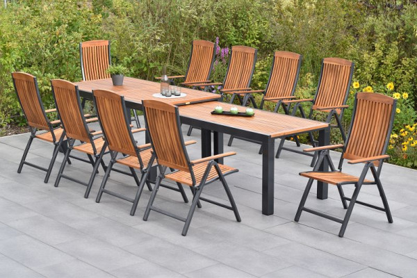 Merxx Athos Set 11-teilig, 10 Klappsessel, 1 Flex Ausziehtisch 180/180 x 100/83 x 80/74 cm, Aluminium mit FSC Akazienholz, 50840-217