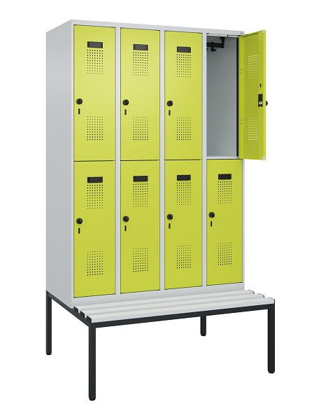 C+P Doppelstock-Spind Evolo PLUS, Bank, 8 Fächer, 2120x1200x815mm, 7035/0024, Drehriegel, Sitzfläche Kunststoff, Sitzbank, 0493507-40 S10096