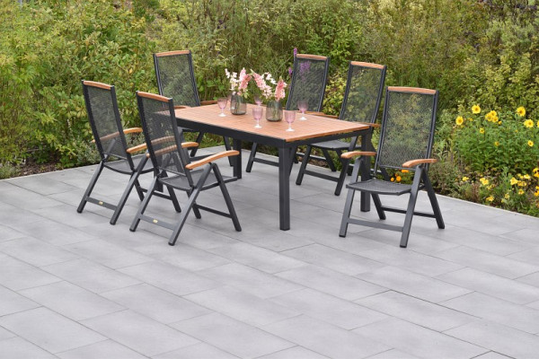Merxx Siros Set 7-teilig, 6 Siros Sessel, verstellbar durch Gasdruckfeder, 1 Ausziehtisch, 150 (200) x 90 cm, Tischplatte aus Akazienholz, 50962-217
