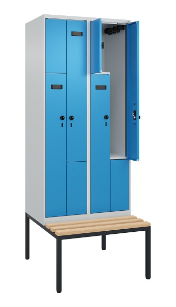 C+P Z-Spind Evolo PLUS, Bank, 4 Fächer, 2120x800x815mm, 7035/5012, Drehriegel, Sitzfläche Buche-Hartholz, Sitzbank, 0490537-224 S10017