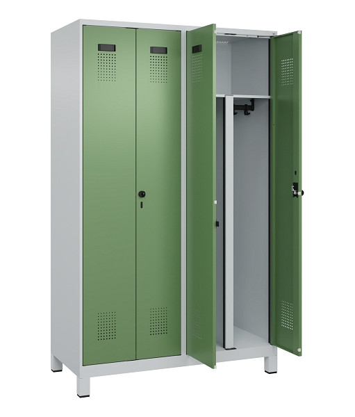 C+P PSA Schwarz-Weiß-Spind Evolo PLUS, mit Füßen, 4 Abteile, 1950x1200x500mm, 7, Frontfarbe RAL 6011 Resedagrün, Drehriegel, 049012-40P S10010