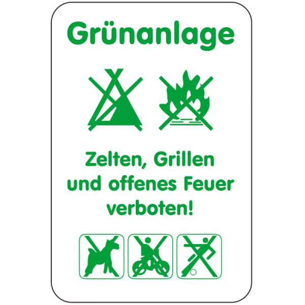 Stein HGS Sonderschild, Grünanlage Zelten, Grillen und offenes Feuer verboten!, 400 x 600 mm, 14991