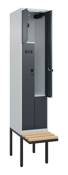 C+P Z-Spind Evolo PLUS, Bank, 2 Fächer, 2120x400x815mm, 7035/7016, Drehriegel, Sitzfläche Holz, 0490437-122 S10006