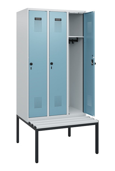 C+P Spind Evolo PLUS, 3 Abteile, 1950x900x815mm, 7035/0010, Drehriegel, Sitzfläche Kunststoff, Sitzbank, 0490505-30 S10063