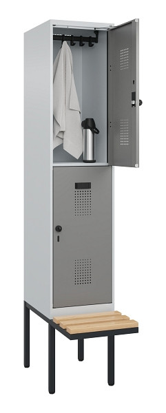 C+P Doppelstock-Spind Evolo PLUS, Bank, 2 Fächer, 2120x400x815mm, 7035/0004, Drehriegel, Sitzfläche Buche-Hartholz, 0493407-12 S10014