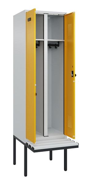C+P Schwarz-Weiß-Spind Evolo PLUS, Bank, 2 Abteile, 2120x600x815mm, 7035/1004, Drehriegel, Material Sitzfläche Kunststoff, 0490427-20 S10054