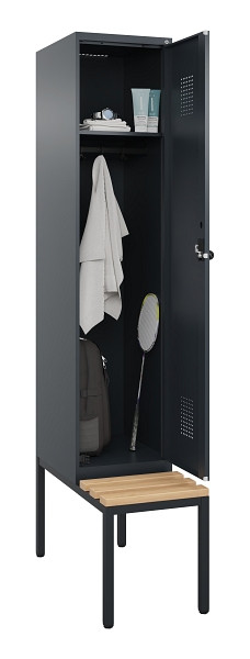 C+P Spind Evolo PLUS, 1 Abteile, 2120x400x815mm, 7016/7016, Haken 4, Drehriegel, Sitzfläche Buche-Hartholz, Sitzbank, 0490507-12 S10016