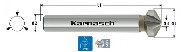 Karnasch Kegelsenker 120°, HSS-XE 3-Flächen-Schaft, Werksnorm d=12,4mm, VE: 4 Stück, 4040400124