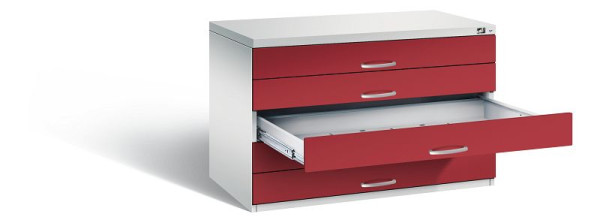 C+P Flachablageschrank Serie 7100_7200, H760xB1100xT765mm, Farbe: Lichtgrau / Rubinrot, Bügelgriff, 7101-100 S10184
