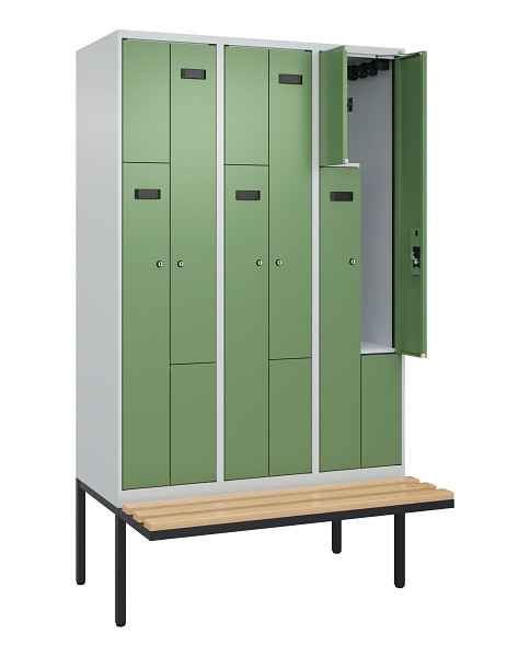 C+P Z-Spind Evolo PLUS, Bank, 6 Fächer, 2120x1200x815mm, 7035/6011, Zylinderschloss, Sitzfläche Holz, 0490437-326 S10033