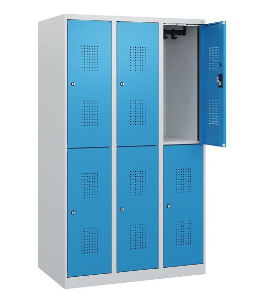 C+P Doppelstöckiger Spind Evolo PLUS, 6 Fächer, 1530x900x500mm, 7035/5012, Zylinderschloss, 0493005-30 S10031