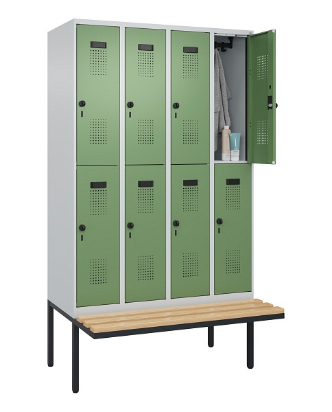 C+P Doppelstock-Spind Evolo PLUS, Bank, 8 Fächer, 2120x1200x815mm, 7035/6011, Drehriegel, Sitzfläche Buche-Hartholz, 0493407-40 S10010