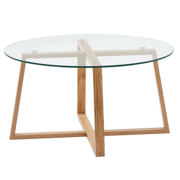 Wohnling Couchtisch 78x78x41 cm Sofatisch Eiche Massivholz/Glas Rund, Design Wohnzimmertisch Modern, Holztisch Stubentisch Groß, WL6.495