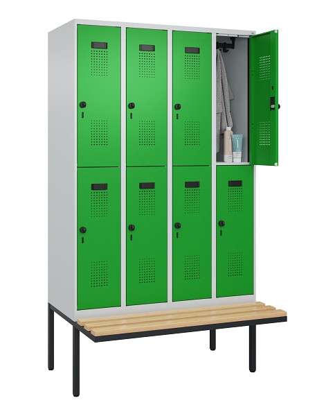 C+P Doppelstock-Spind Evolo PLUS, Bank, 8 Fächer, 2120x1200x815mm, 7035/6037, Drehriegel, Sitzfläche Buche-Hartholz, 0493407-40 S10011