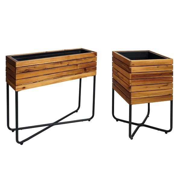 Mendler 2er-Set Pflanzkasten HWC-L25, Blumenkasten, rechteckig quadratisch Outdoor Stahl Akazie Holz FSC, braun, 98585+98586