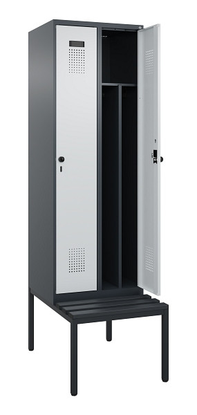 C+P Spind Evolo PLUS, 2 Abteile, 2120x600x815mm, 7016/7035, Drehriegel, Sitzfläche Kunststoff, Sitzbank, 0490507-20F S10071