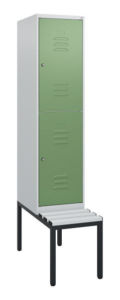 C+P Doppelstöckiger Spind Classic PLUS, 1950x400x815mm, 7035/6011, Zylinderschlösser, mit untergebauter Sitzbank, 0803505-12 S10081