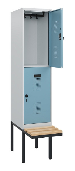C+P Doppelstock-Spind Evolo PLUS, Bank, 2 Fächer, 1950x400x815mm, 7035/0010, Drehriegel, Sitzfläche Buche-Hartholz, 0493405-12 S10009
