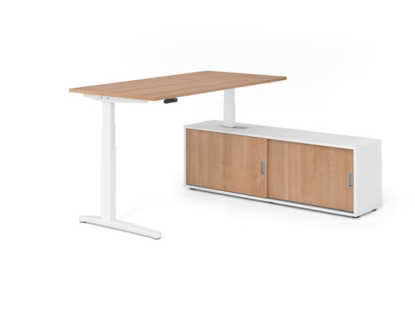 Hammerbacher Schreibtisch XBHM16, 160x80cm, Platte: Nussbaum, 25mm dick, C-Fuß Gestell Weiß, Höhe: 65 - 129 cm, Weiß / Nuss, VXBHM16SB/N/W/W/N