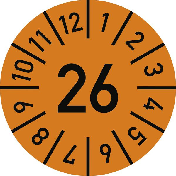 Moedel Prüfplakette Jahr 26 mit Monaten, orange, Folie-Spezialkleber, Ø 15 mm, VE: 10 Stück/Bogen, 105161