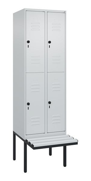 C+P Doppelstöckiger Spind Classic PLUS, 2 Abteile, 2120x600x815mm, 7035/7035, Drehriegel, mit Untergestell und schwebender Sitzfläche, 0803407-20 S10114