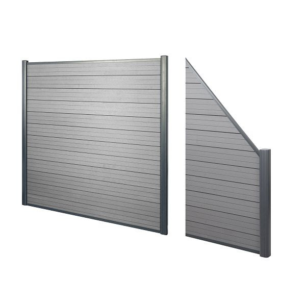 Mendler WPC-Sichtschutz Sarthe, Windschutz Zaun, Alu-Pfosten, 2er Set schräg, 2,82m grau, 57986+54410+54411+54412