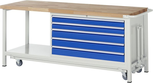 RAU Absenkbare Werkbank 8000 - Modell 8371, B2000 x T700 x H880 mm, Unterbau-Container rechts, 5x Schubladen: 2xH90, 3xH120 mm, 05-8371A6-207B4F.11