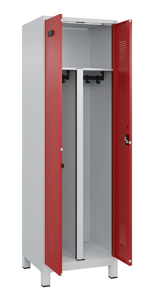 C+P PSA Schwarz-Weiß-Spind Evolo PLUS, mit Füßen, 2 Abteile, 1950x600x500mm, 70, Frontfarbe RAL 3000 feuerrot, Zylinderschloss, 049012-20P S10030