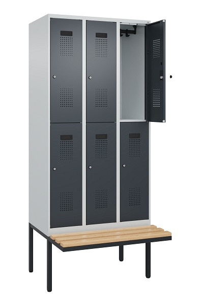 C+P Doppelstock-Spind Evolo PLUS, Bank, 6 Fächer, 2120x900x815mm, 7035/7016, Zylinderschloss, Sitzfläche Buche-Hartholz, 0493407-30 S10039