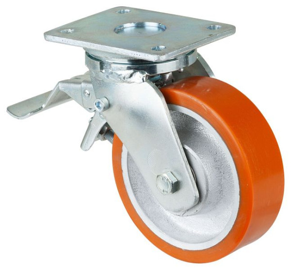 BS Rollen Schwerlastrolle mit Rad-/Feststeller, Breite 50 mm, Ø160 mm, bis 850 kg, Guss-Polyurethan 95 Shore A, Körper Guss, Kugellager, RR120.C10.160