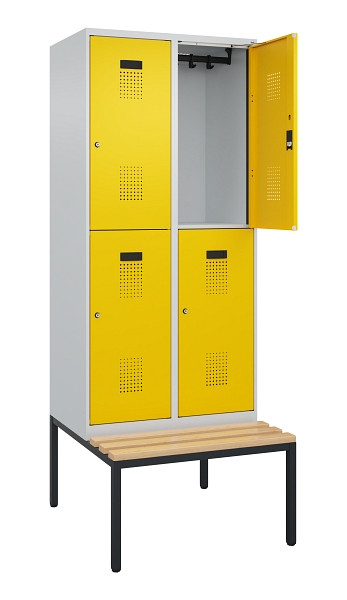C+P Doppelstock-Spind Evolo PLUS, Bank, 4 Fächer, 2120x800x815mm, 7035/1023, Zylinderschloss, Sitzfläche Buche-Hartholz, Sitzbank, 0493507-22 S10028