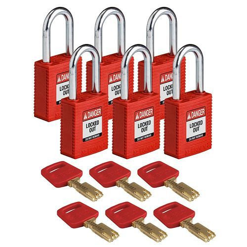 Brady Vorhängeschlösser SafeKey aus Nylon, funkenfreies Gehäuse, VE: 6 Stück, rot, 309080