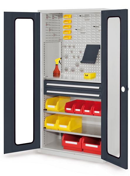 Kappes RasterPlan Schubladenschrank, Modell 31, RAL 7035/7016, Sichtfenstertür, 1950 x 1000 x 600 mm, 2 Schubladen H 100 mm, 1460.01.5024