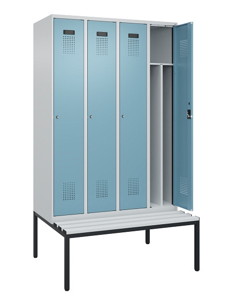 C+P Spind Evolo PLUS, 4 Abteile, 2120x1200x815mm, 7035/0010, Haken 4, Zylinderschloss, Sitzfläche Kunststoff, Sitzbank, 0490507-40F S10090