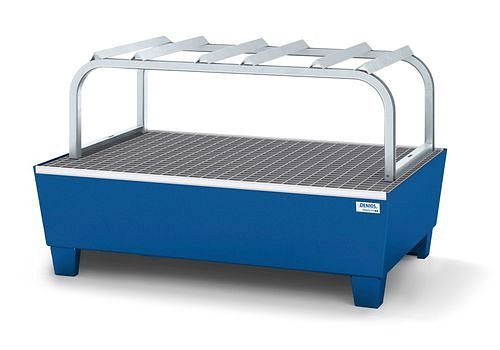 DENIOS Abfüllstation classic-line für 3 Fässer à 60 l, Stahl blau lackiert, verzinkt Fassbock, 259504