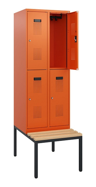 C+P Doppelstöckiger Spind Evolo PLUS, Bank, 4 Fächer, 1950x600x815mm, 2004/2004, Zylinderschloss, Sitzfläche Buche-Hartholz, Sitzbank, 0493505-20 S10066