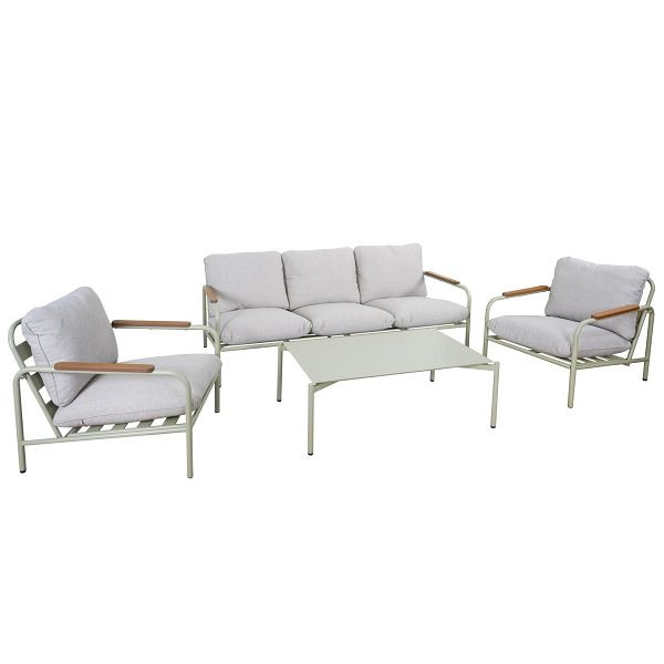 Mendler Aluminium-Gartengarnitur HWC-O11, Outdoor 3-Sitzer Sitzbank Sessel Sofa, Olefin (205 g/m²), hellgrün Polster beige, 110597+2x110595+110598