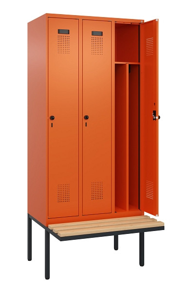 C+P Spind Evolo PLUS, 3 Abteile, 2120x900x815mm, 2004/2004, Haken 4, Drehriegel, Sitzfläche Holz, 0490407-30F S10023