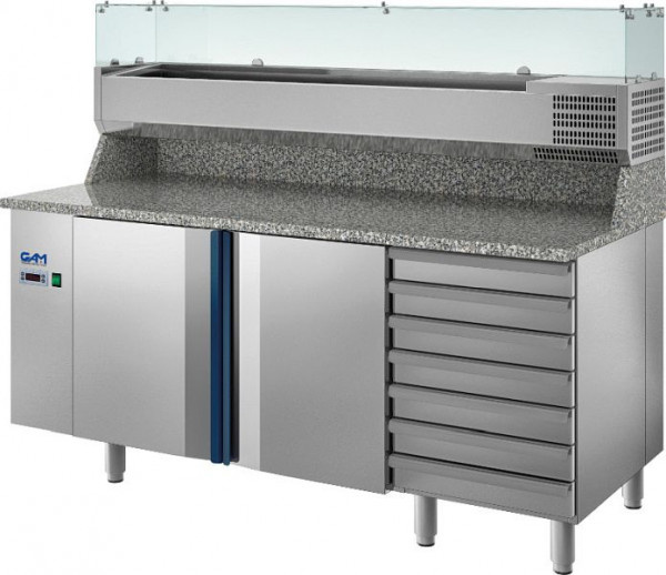 GAM Pizzakühltisch, 230 V, 600 W, 1400 x 800 x 1420 mm, mit Granitarbeitsplatte und Kühlaufsatzvitrinen 1/4, Arbeitstemperatur: +0/+8 °C, Tür: 2, TPI.2-14