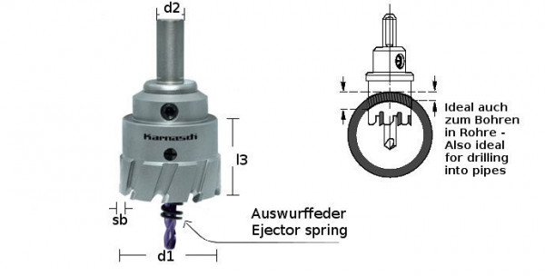 Karnasch Hartmetall-bestückte Lochsäge Power-Max 30 mit Schaft, Zentrierbohrer, Auswurffeder, Schnitttiefe 30mm, d=43mm, 201130043