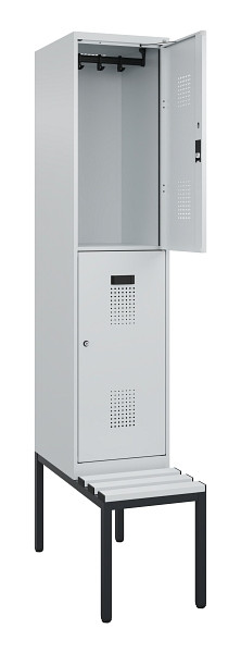 C+P Doppelstock-Spind Evolo PLUS, Bank, 2 Fächer, 2120x400x815mm, 7035/7035, Zylinderschloss, Sitzfläche Kunststoff, Sitzbank, 0493507-12 S10121