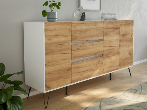 Posseik Sideboard Industrial Q 180cm 3 Schubladen 3 Türen Weiß/Eiche Front, PN2094X0000034DE