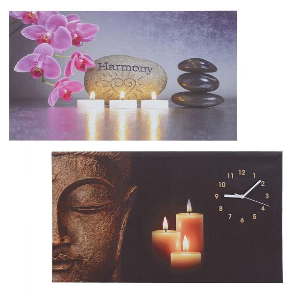 Mendler 2er-Set LED-Bild, Leinwandbild Leuchtbild Wandbild, Timer Buddha/Harmony Wanduhr 70x40cm, 69284