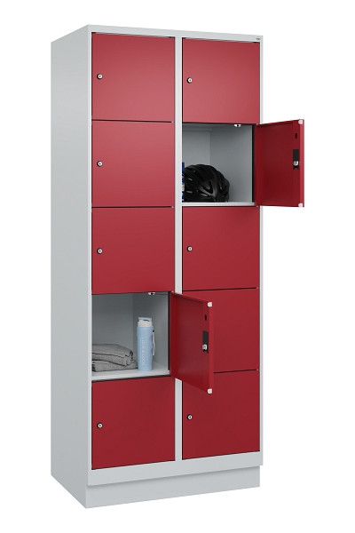 C+P Schließfachschrank Evolo PLUS, mit Sockel, 10 Fächer, 1950x800x500mm, 7035/3, Frontfarbe RAL 3003 Rubinrot, 049020-225 S10004