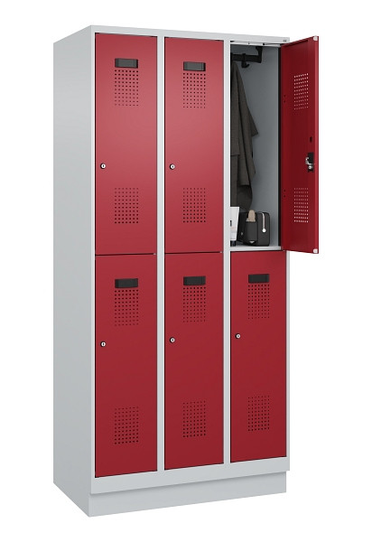 C+P Doppelstöckiger Spind Evolo PLUS, mit Sockel, 6 Fächer, 1950x900x500mm, 7035, Frontfarbe RAL 3003 Rubinrot, Zylinderschloss, 049320-30 S10031