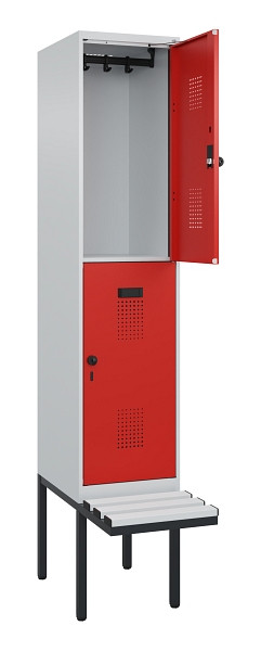 C+P Doppelstock-Spind Evolo PLUS, Bank, 2 Fächer, 2120x400x815mm, 7035/3020, Drehriegel, Sitzfläche Kunststoff, 0493407-12 S10086